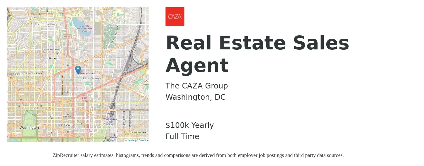 The CAZA Group job posting for a Real Estate Sales Agent in Washington, DC with a salary of $92,900 to $124,600 Yearly with a map of Washington location.
