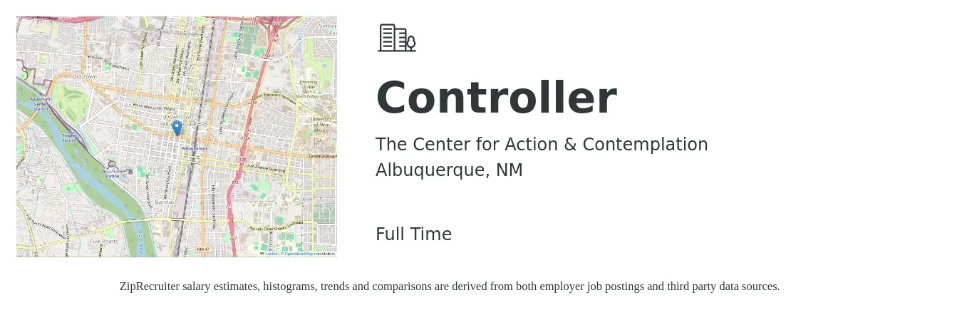 The Center for Action & Contemplation job posting for a Controller in Albuquerque, NM with a salary of $94,000 to $134,300 Yearly with a map of Albuquerque location.