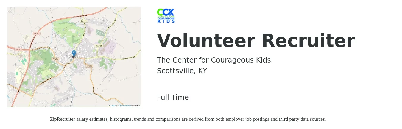 The Center for Courageous Kids job posting for a Volunteer Recruiter in Scottsville, KY with a salary of $24,200 to $33,600 Yearly with a map of Scottsville location.
