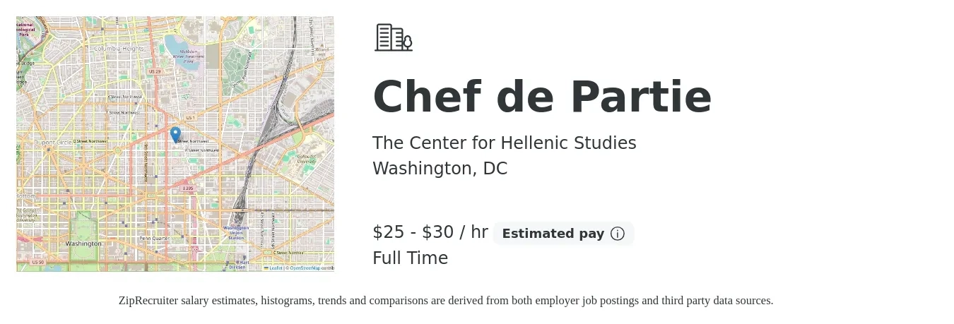 The Center for Hellenic Studies job posting for a Chef de Partie in Washington, DC with a salary of $26 to $32 Hourly with a map of Washington location.