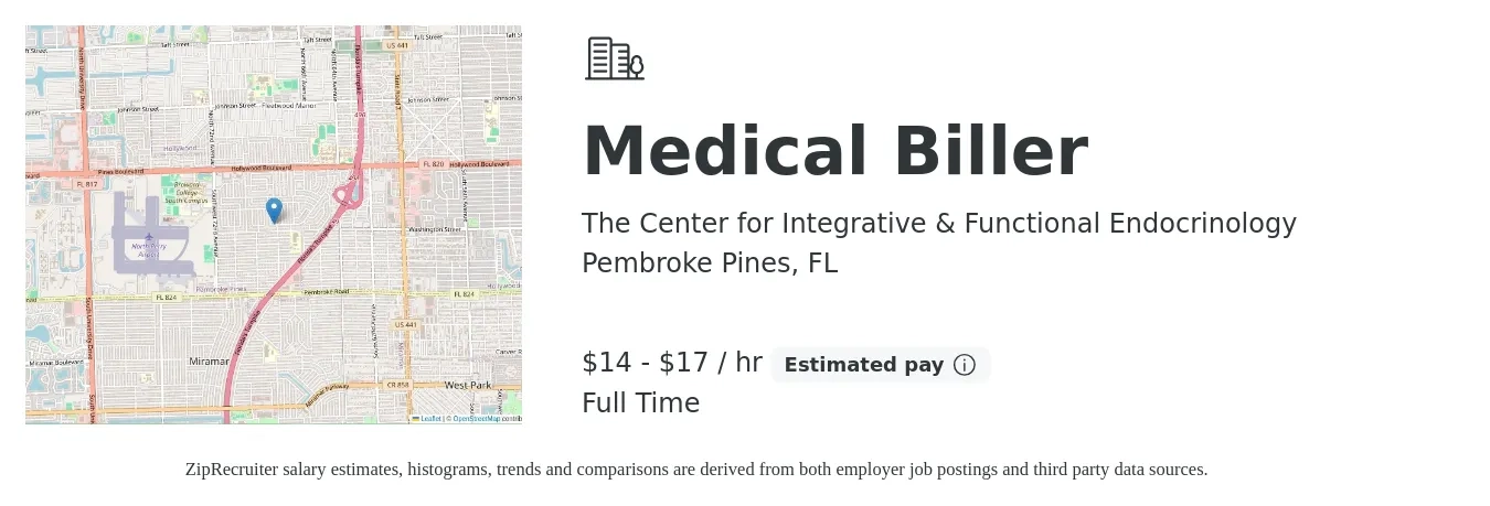 The Center for Integrative & Functional Endocrinology job posting for a Medical Biller in Pembroke Pines, FL with a salary of $15 to $18 Hourly and benefits including pto with a map of Pembroke Pines location.