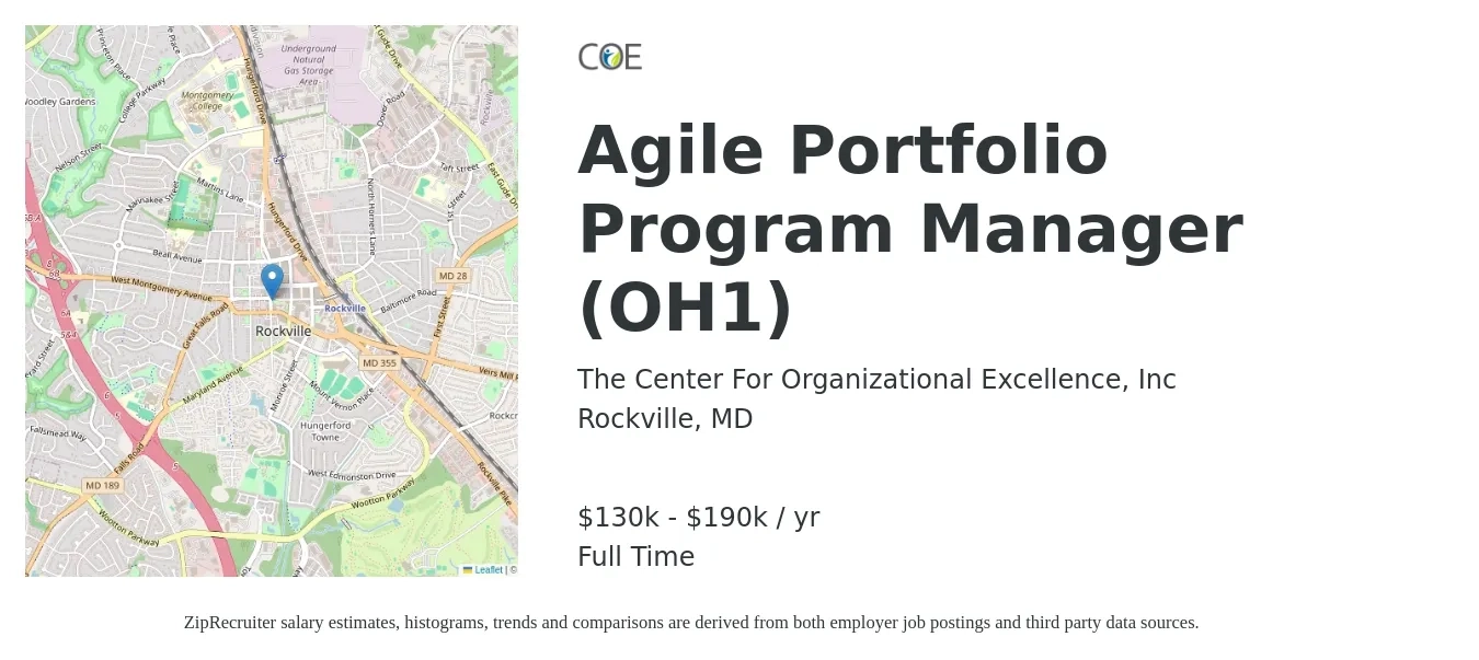 The Center For Organizational Excellence, Inc job posting for a Agile Portfolio Program Manager (OH1) in Rockville, MD with a salary of $130,000 to $190,000 Yearly with a map of Rockville location.