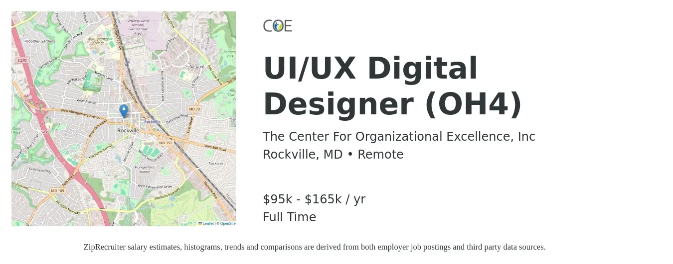 The Center For Organizational Excellence, Inc job posting for a UI/UX Digital Designer (OH4) in Rockville, MD with a salary of $95,000 to $165,000 Yearly with a map of Rockville location.