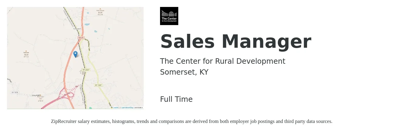 The Center for Rural Development job posting for a Sales Manager in Somerset, KY with a salary of $39,000 to $83,700 Yearly with a map of Somerset location.