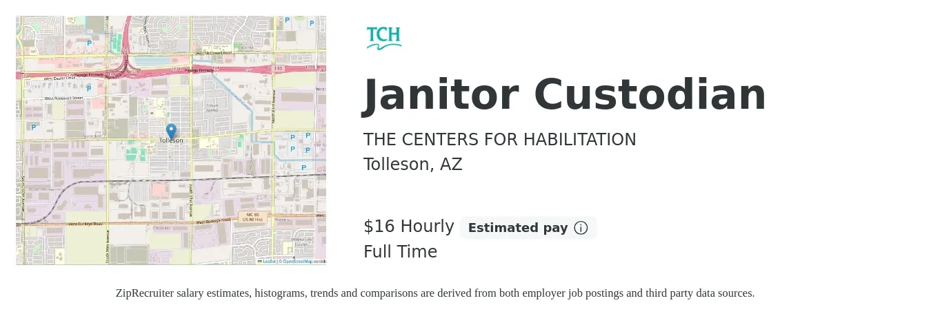 THE CENTERS FOR HABILITATION job posting for a Janitor Custodian in Tolleson, AZ with a salary of $17 Hourly with a map of Tolleson location.