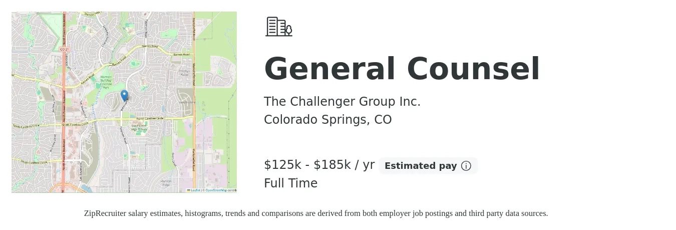 The Challenger Group Inc. job posting for a General Counsel in Colorado Springs, CO with a salary of $125,000 to $185,000 Yearly with a map of Colorado Springs location.