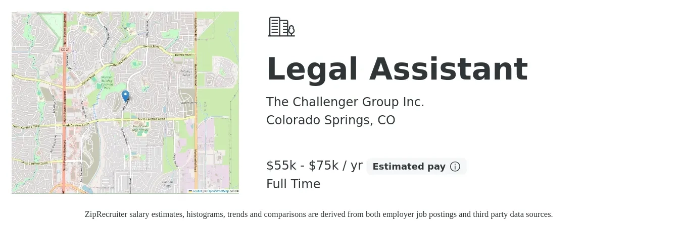 The Challenger Group Inc. job posting for a Legal Assistant in Colorado Springs, CO with a salary of $55,000 to $75,000 Yearly with a map of Colorado Springs location.