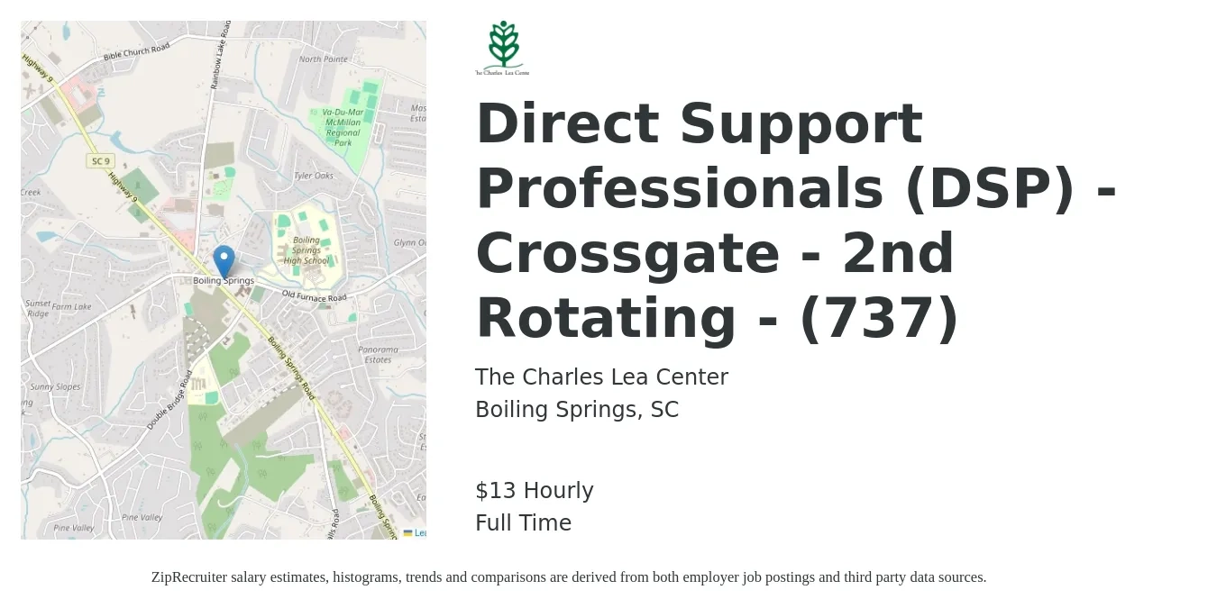 The Charles Lea Center job posting for a Direct Support Professionals (DSP) - Crossgate - 2nd Rotating - (737) in Boiling Springs, SC with a salary of $14 Hourly with a map of Boiling Springs location.