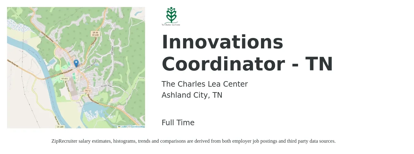 The Charles Lea Center job posting for a Innovations Coordinator - TN in Ashland City, TN with a salary of $20 to $25 Hourly with a map of Ashland City location.