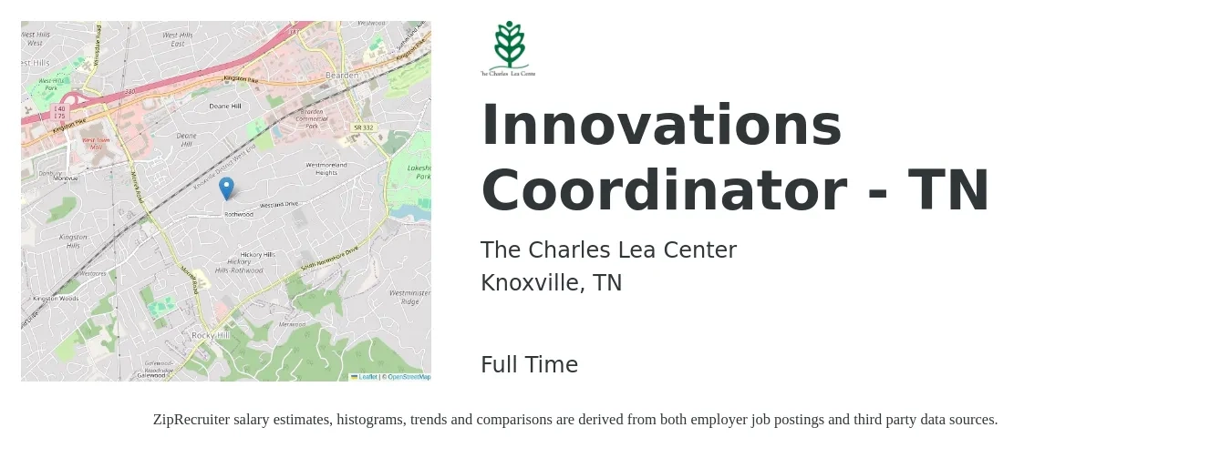 The Charles Lea Center job posting for a Innovations Coordinator - TN in Knoxville, TN with a salary of $17 to $21 Hourly with a map of Knoxville location.