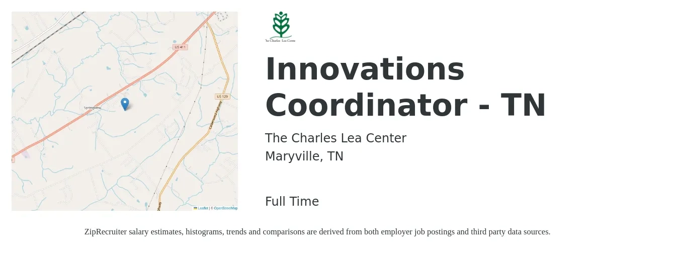 The Charles Lea Center job posting for a Innovations Coordinator - TN in Maryville, TN with a salary of $17 to $22 Hourly with a map of Maryville location.