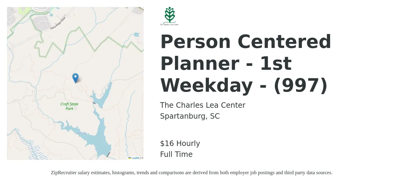 The Charles Lea Center job posting for a Person Centered Planner - 1st Weekday - (997) in Spartanburg, SC with a salary of $17 Hourly with a map of Spartanburg location.