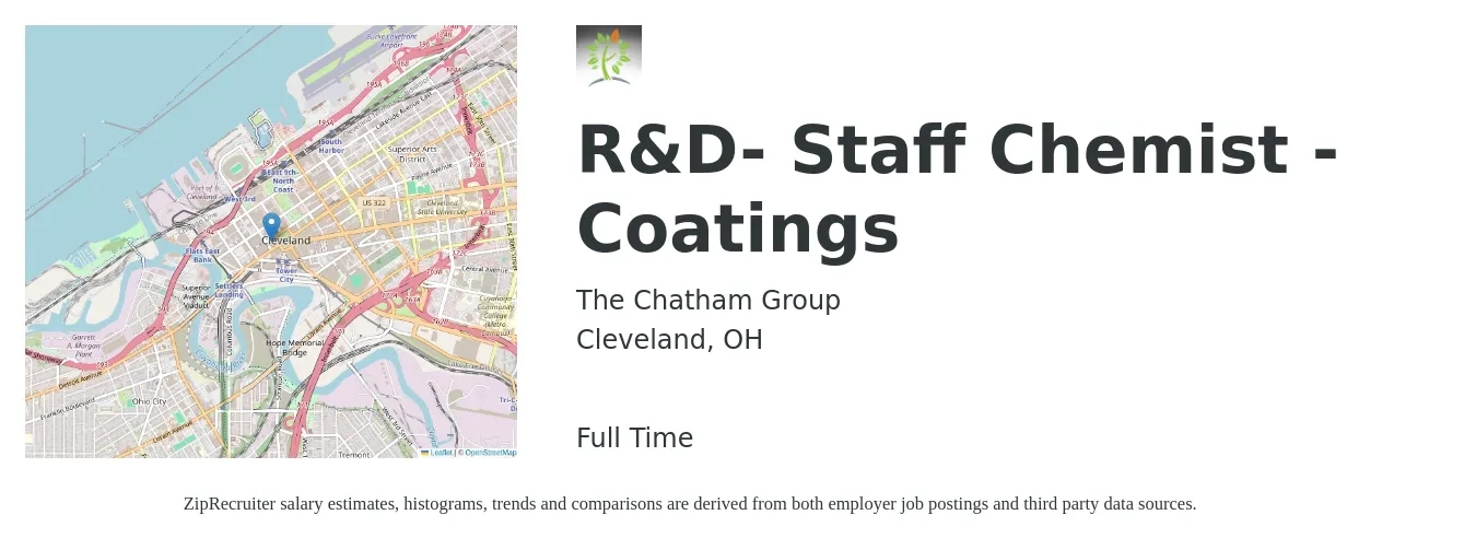 The Chatham Group job posting for a R&D- Staff Chemist -Coatings in Cleveland, OH with a salary of $22 to $33 Hourly with a map of Cleveland location.