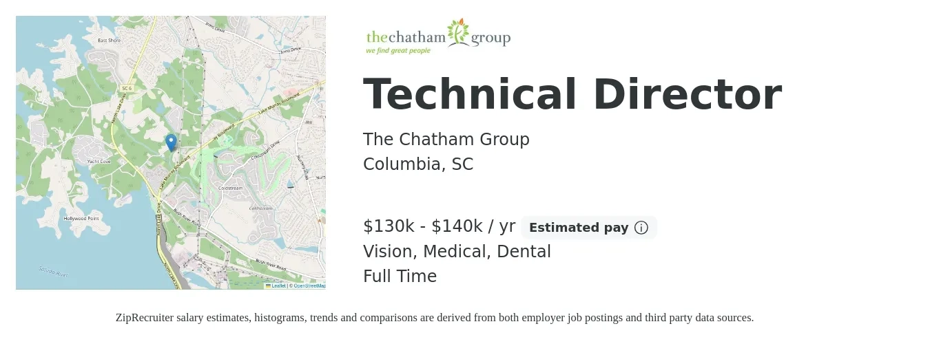 The Chatham Group job posting for a Technical Director in Columbia, SC with a salary of $130,000 to $140,000 Yearly and benefits including medical, retirement, vision, dental, and life_insurance with a map of Columbia location.