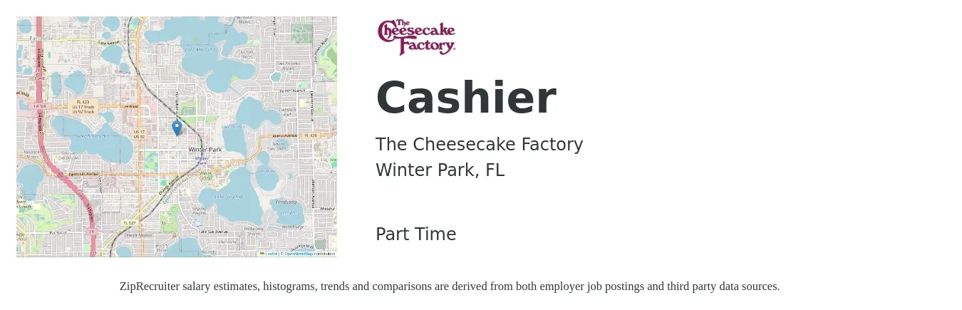 The Cheesecake Factory job posting for a Cashier in Winter Park, FL with a salary of $11 to $15 Hourly with a map of Winter Park location.