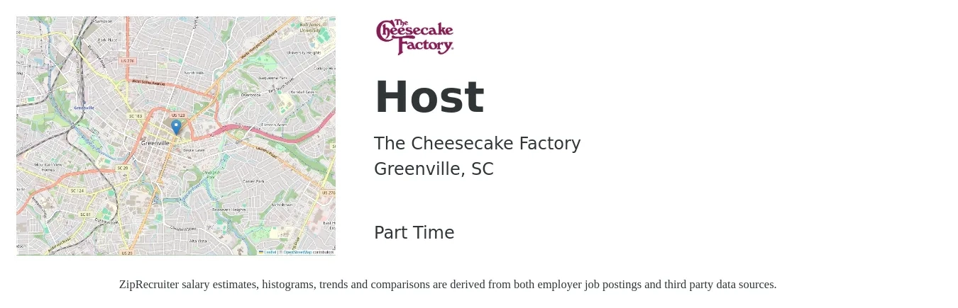 The Cheesecake Factory job posting for a Host in Greenville, SC with a salary of $11 to $16 Hourly with a map of Greenville location.
