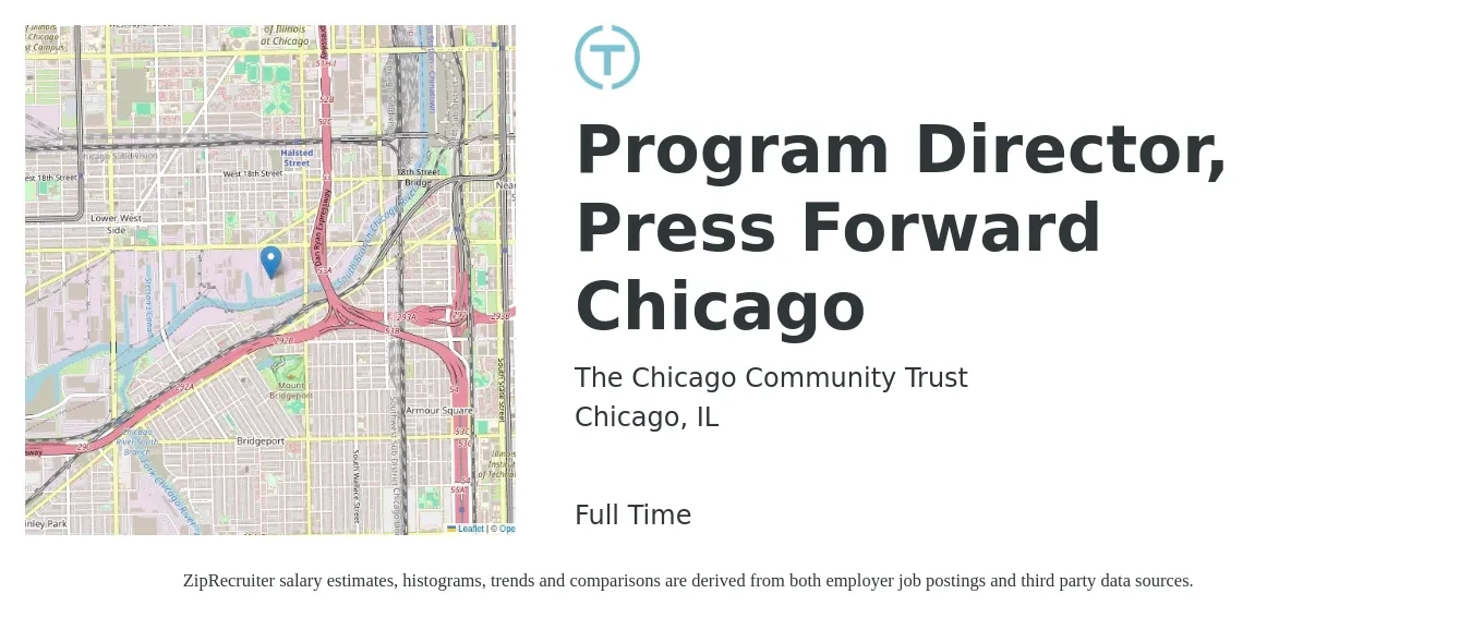 The Chicago Community Trust job posting for a Program Director, Press Forward Chicago in Chicago, IL with a salary of $54,600 to $95,400 Yearly with a map of Chicago location.