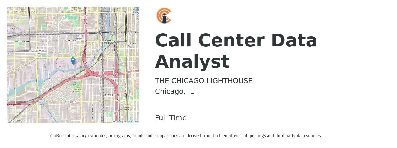 THE CHICAGO LIGHTHOUSE job posting for a Call Center Data Analyst in Chicago, IL with a salary of $64,400 to $100,000 Yearly with a map of Chicago location.