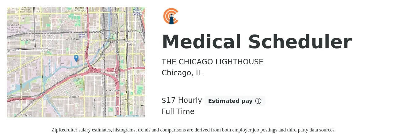 THE CHICAGO LIGHTHOUSE job posting for a Medical Scheduler in Chicago, IL with a salary of $18 Hourly with a map of Chicago location.