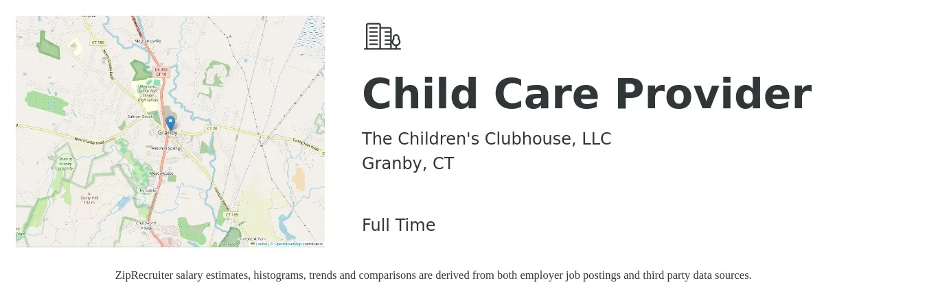 The Children's Clubhouse, LLC job posting for a Child Care Provider in Granby, CT with a salary of $14 to $20 Hourly with a map of Granby location.