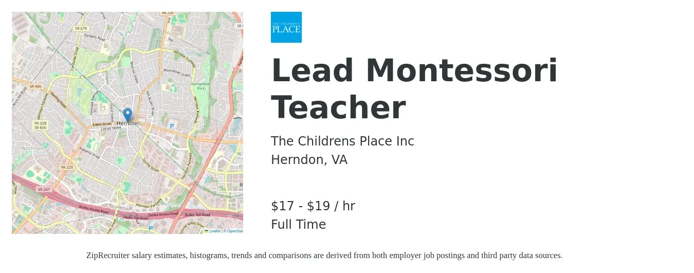 The Childrens Place Inc job posting for a Lead Montessori Teacher in Herndon, VA with a salary of $18 to $20 Hourly and benefits including pto with a map of Herndon location.