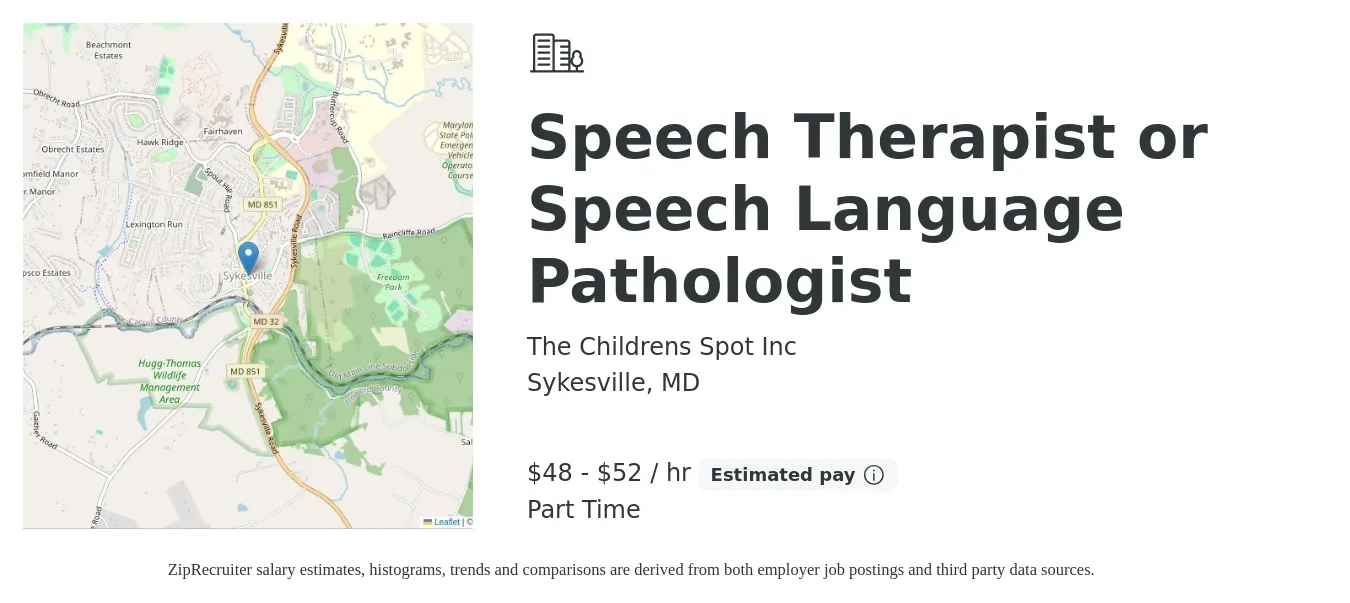 The Childrens Spot Inc job posting for a Speech Therapist or Speech Language Pathologist in Sykesville, MD with a salary of $50 to $55 Hourly with a map of Sykesville location.
