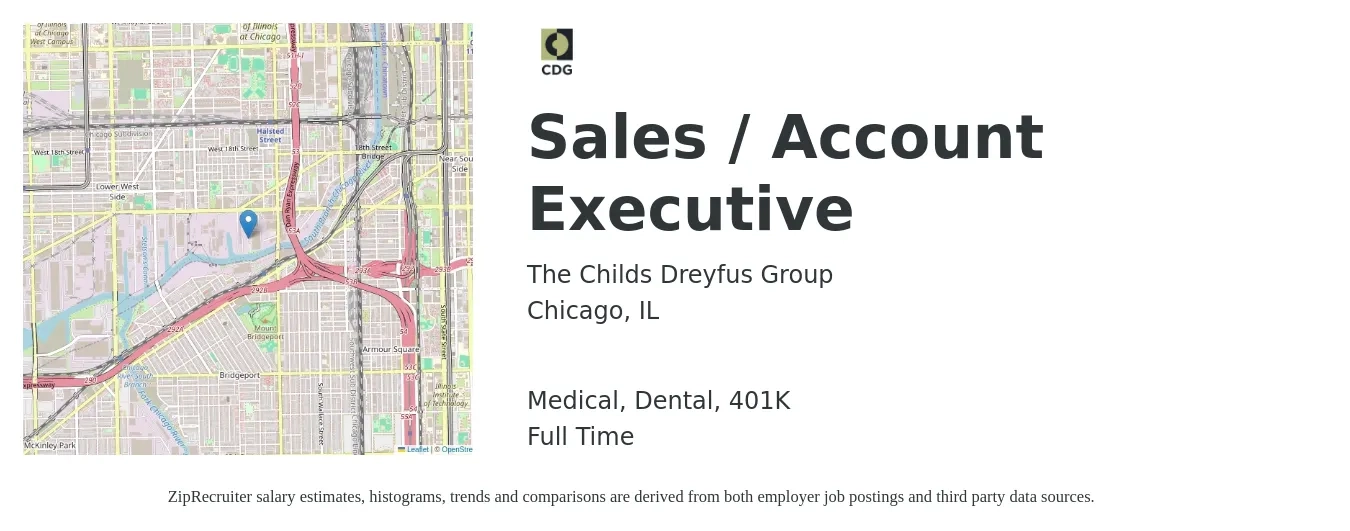 The Childs Dreyfus Group job posting for a Sales / Account Executive in Chicago, IL with a salary of $55,700 to $97,900 Yearly and benefits including medical, 401k, and dental with a map of Chicago location.