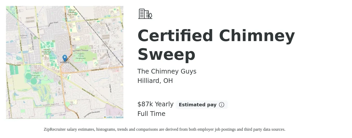 The Chimney Guys job posting for a Certified Chimney Sweep in Hilliard, OH with a salary of $87,750 Yearly with a map of Hilliard location.