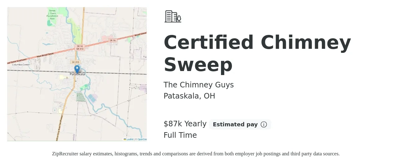 The Chimney Guys job posting for a Certified Chimney Sweep in Pataskala, OH with a salary of $87,750 Yearly with a map of Pataskala location.