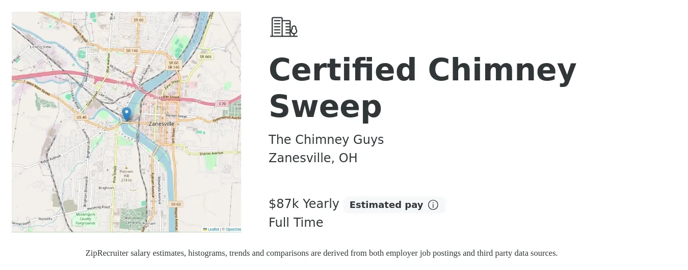The Chimney Guys job posting for a Certified Chimney Sweep in Zanesville, OH with a salary of $87,750 Yearly with a map of Zanesville location.