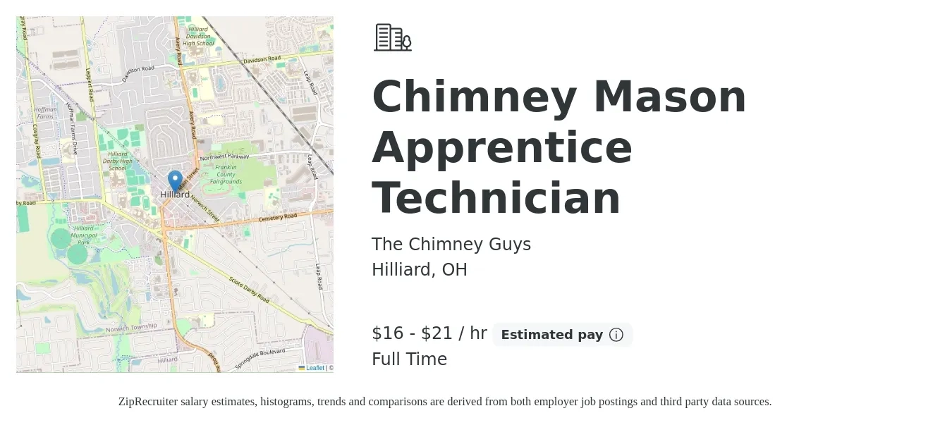 The Chimney Guys job posting for a Chimney Mason Apprentice Technician in Hilliard, OH with a salary of $17 to $22 Hourly with a map of Hilliard location.