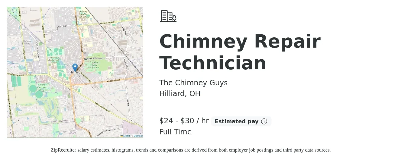 The Chimney Guys job posting for a Chimney Repair Technician in Hilliard, OH with a salary of $25 to $32 Hourly with a map of Hilliard location.