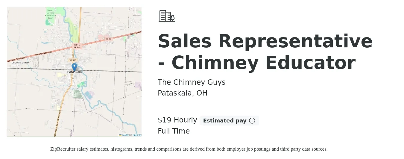 The Chimney Guys job posting for a Sales Representative - Chimney Educator in Pataskala, OH with a salary of $800 to $2,500 Weekly with a map of Pataskala location.