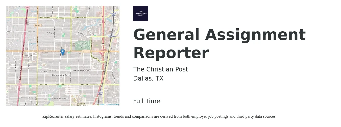 The Christian Post job posting for a General Assignment Reporter in Dallas, TX with a salary of $31,000 to $48,000 Yearly with a map of Dallas location.