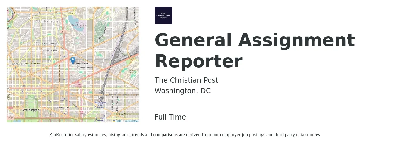 The Christian Post job posting for a General Assignment Reporter in Washington, DC with a salary of $33,500 to $51,900 Yearly with a map of Washington location.