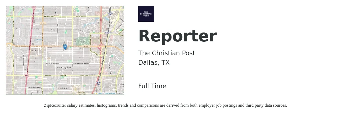 The Christian Post job posting for a Reporter in Dallas, TX with a salary of $24 to $32 Hourly with a map of Dallas location.