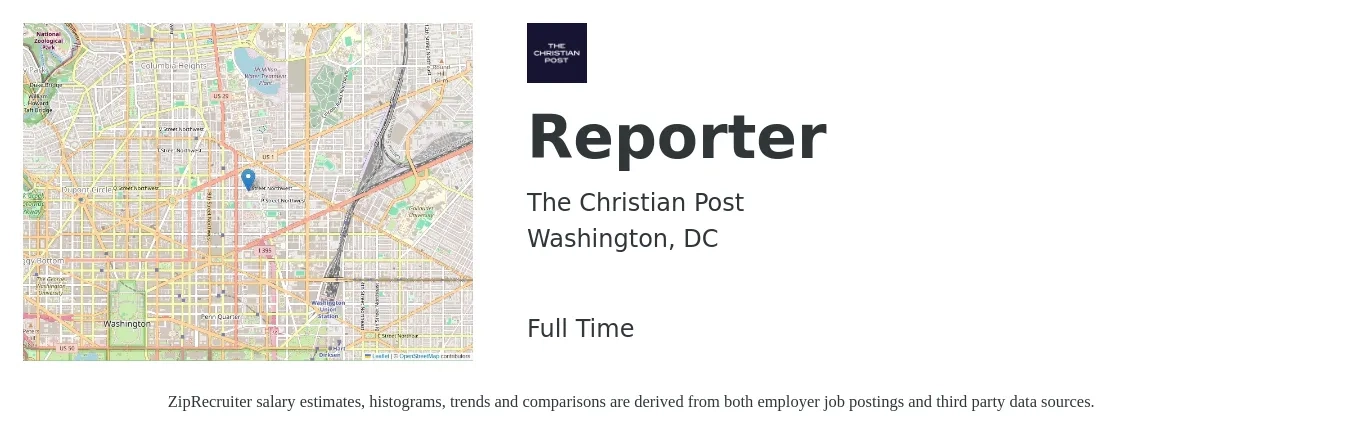 The Christian Post job posting for a Reporter in Washington, DC with a salary of $26 to $35 Hourly with a map of Washington location.