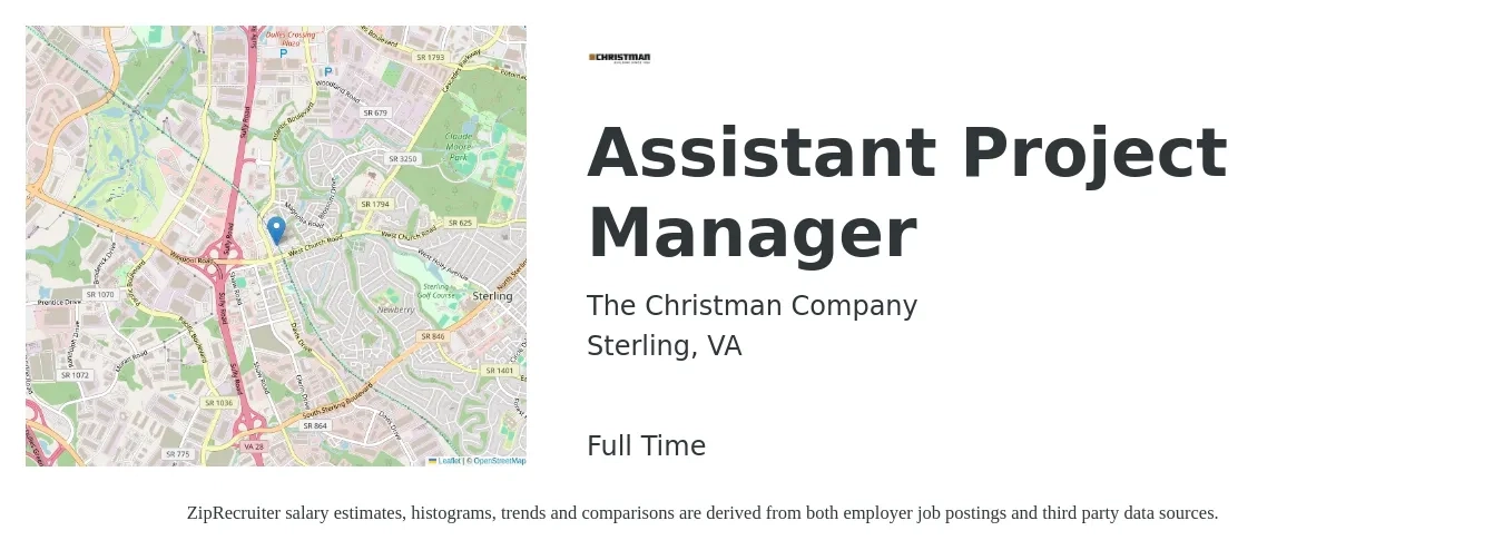 The Christman Company job posting for a Assistant Project Manager in Sterling, VA with a salary of $53,200 to $87,400 Yearly with a map of Sterling location.