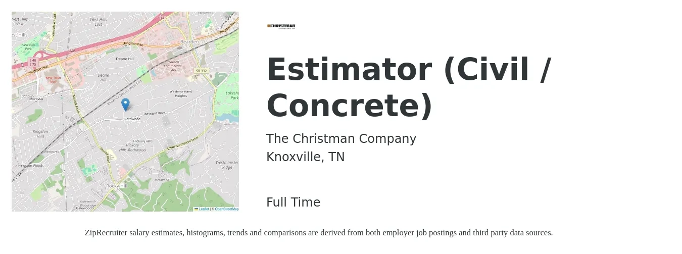 The Christman Company job posting for a Estimator (Civil / Concrete) in Knoxville, TN with a salary of $70,100 to $103,100 Yearly with a map of Knoxville location.