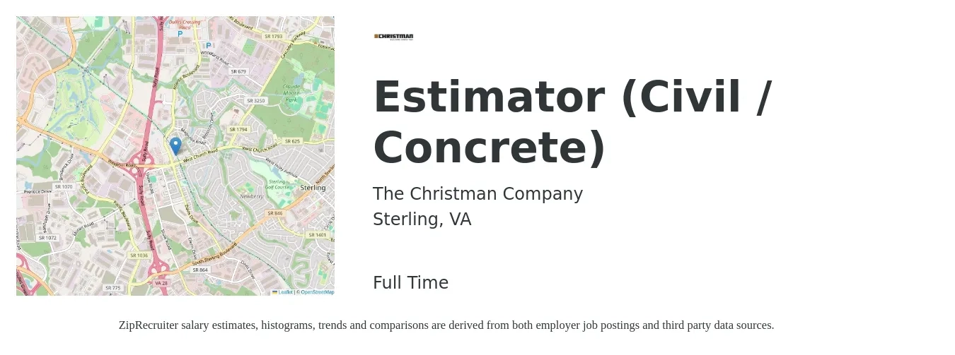 The Christman Company job posting for a Estimator (Civil / Concrete) in Sterling, VA with a salary of $84,200 to $123,800 Yearly with a map of Sterling location.