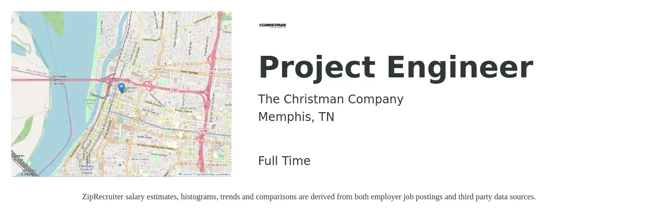 The Christman Company job posting for a Project Engineer in Memphis, TN with a salary of $73,400 to $102,600 Yearly with a map of Memphis location.