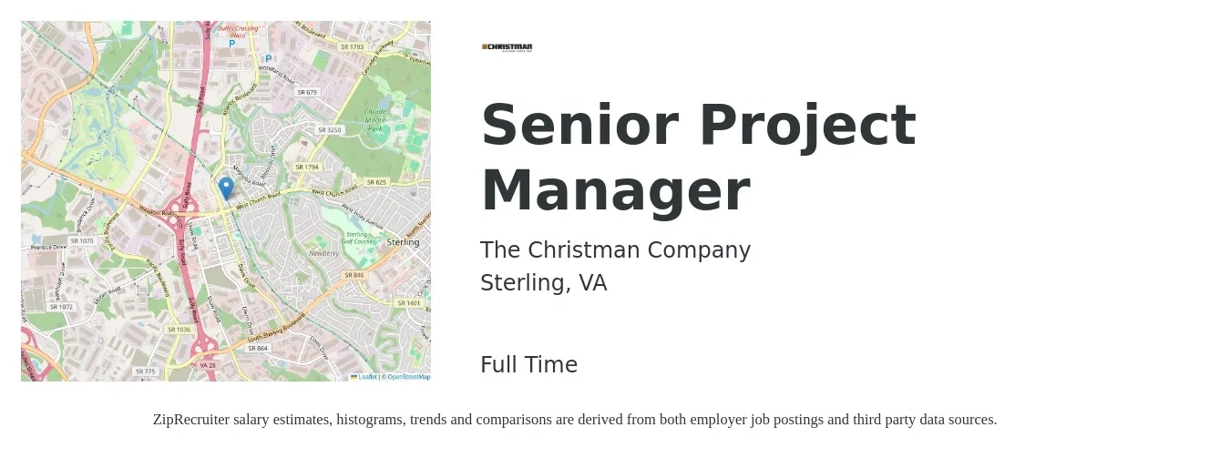 The Christman Company job posting for a Senior Project Manager in Sterling, VA with a salary of $104,500 to $147,400 Yearly with a map of Sterling location.