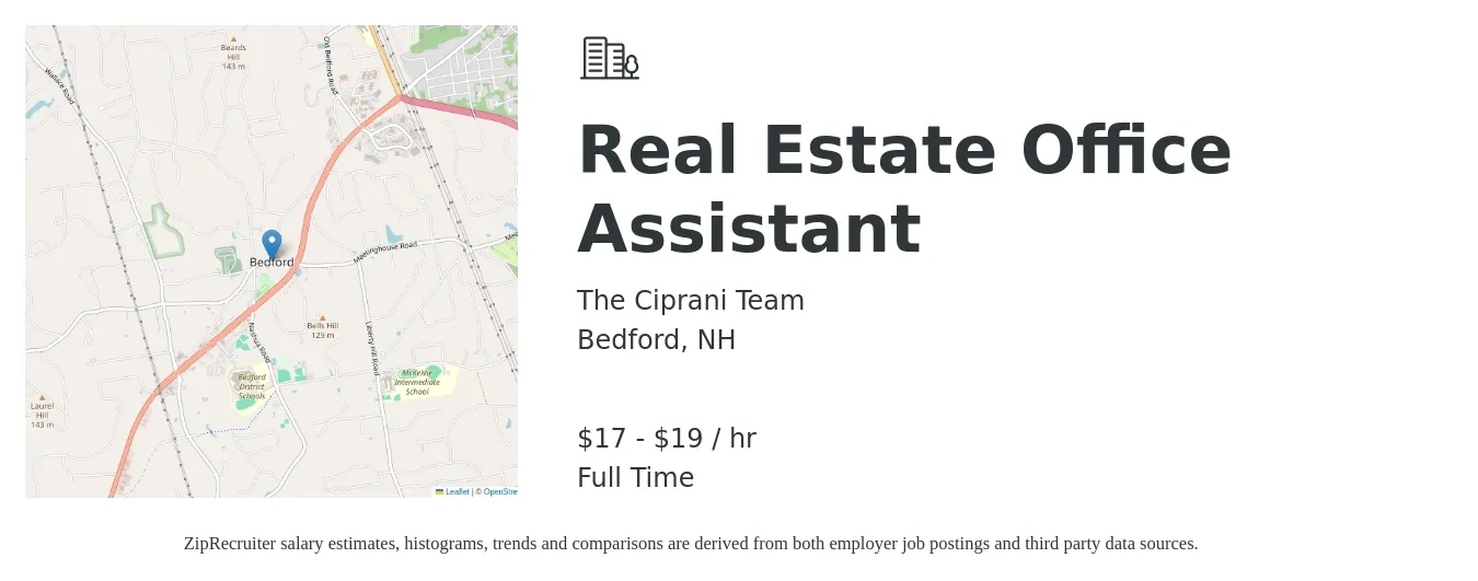 The Ciprani Team job posting for a Real Estate Office Assistant in Bedford, NH with a salary of $18 to $20 Hourly with a map of Bedford location.