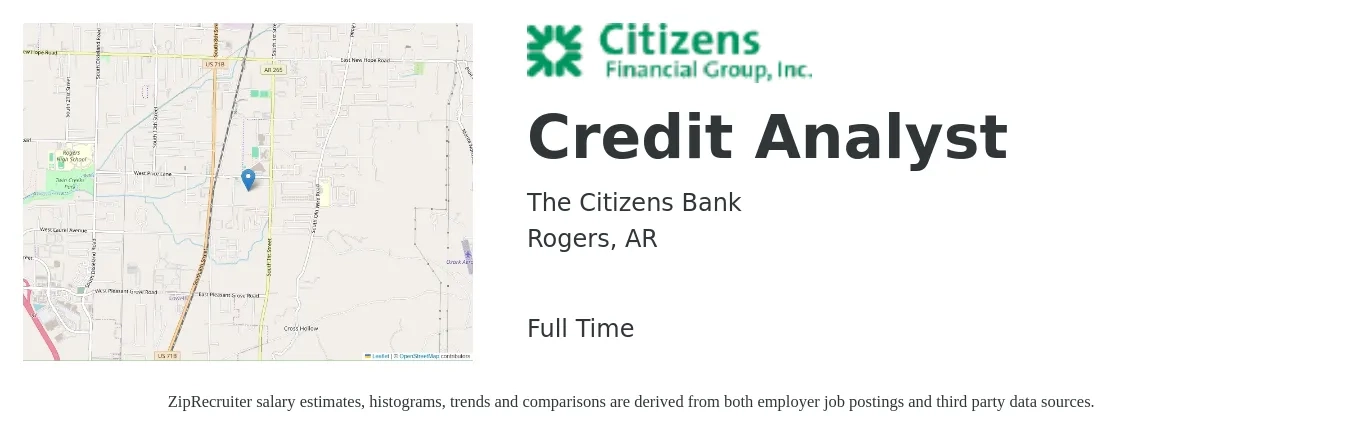 The Citizens Bank job posting for a Credit Analyst in Rogers, AR with a salary of $22 to $33 Hourly with a map of Rogers location.