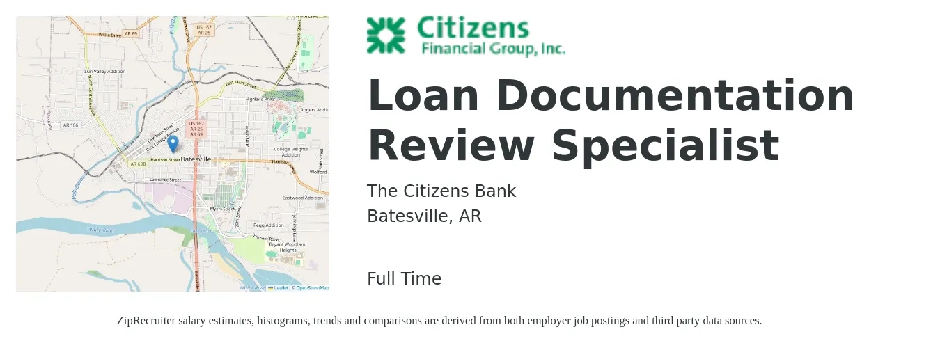 The Citizens Bank job posting for a Loan Documentation Review Specialist in Batesville, AR with a salary of $18 to $40 Hourly with a map of Batesville location.