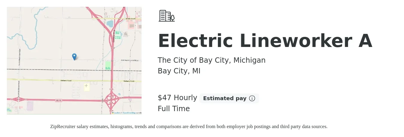 The City of Bay City, Michigan job posting for a Electric Lineworker A in Bay City, MI with a salary of $50 Hourly with a map of Bay City location.