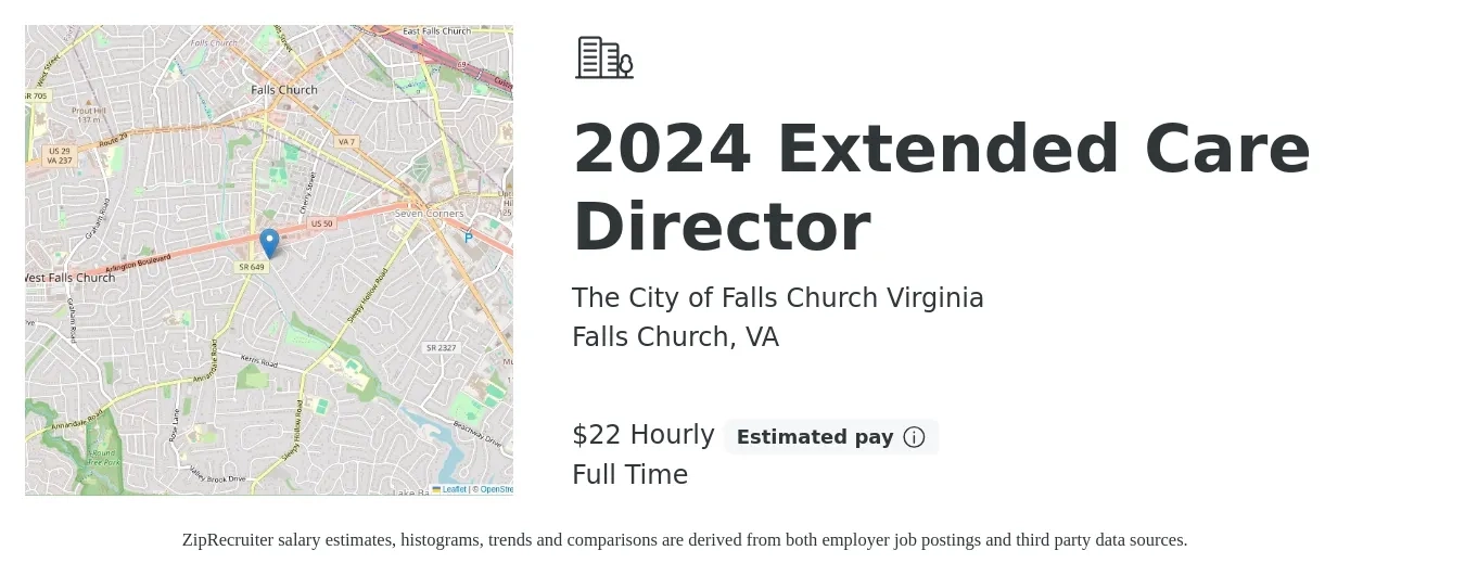 The City of Falls Church Virginia job posting for a 2024 Extended Care Director in Falls Church, VA with a salary of $23 Hourly with a map of Falls Church location.