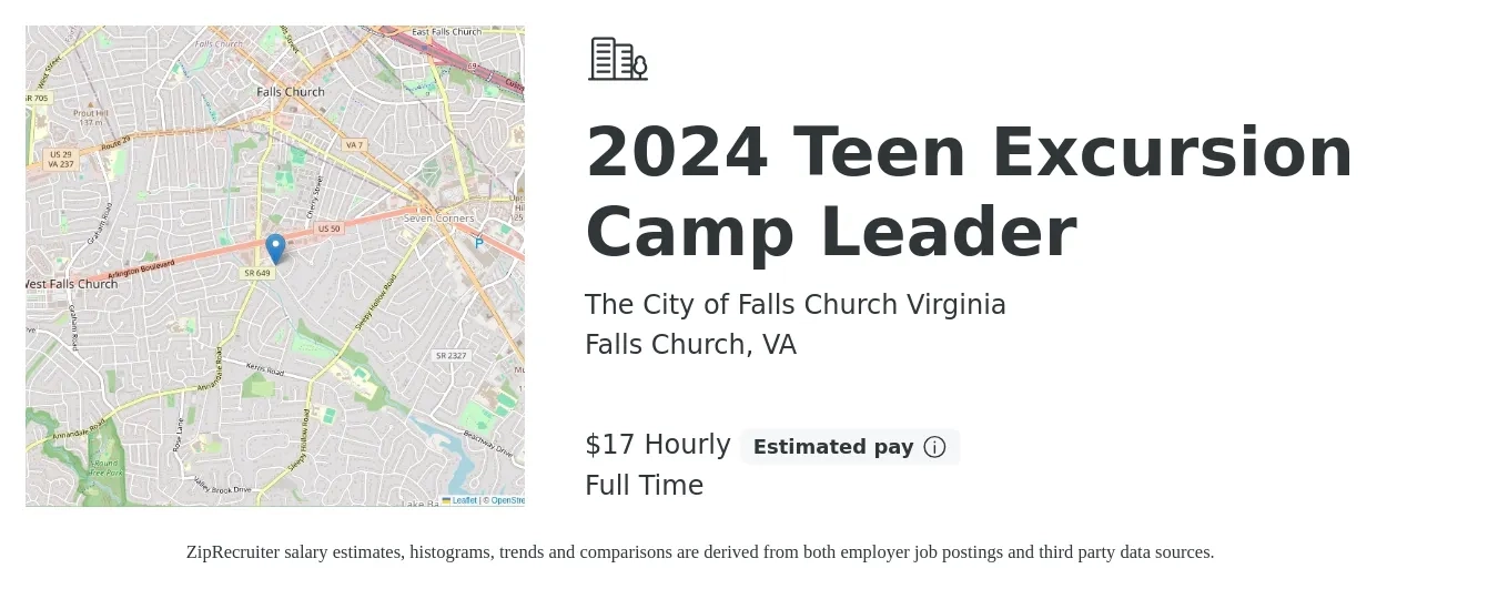 The City of Falls Church Virginia job posting for a 2024 Teen Excursion Camp Leader in Falls Church, VA with a salary of $18 Hourly with a map of Falls Church location.