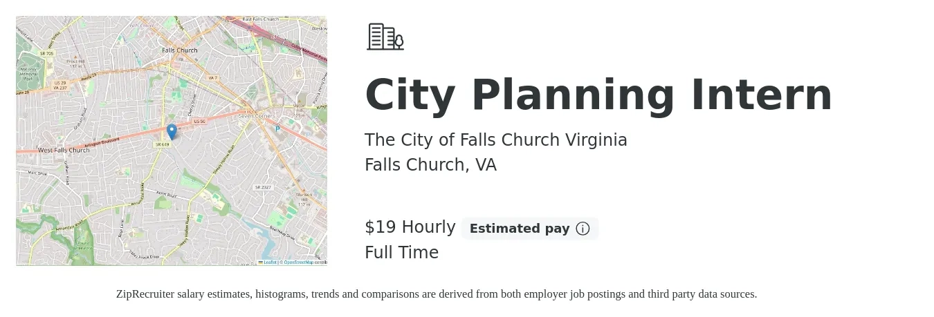The City of Falls Church Virginia job posting for a City Planning Intern in Falls Church, VA with a salary of $20 Hourly with a map of Falls Church location.