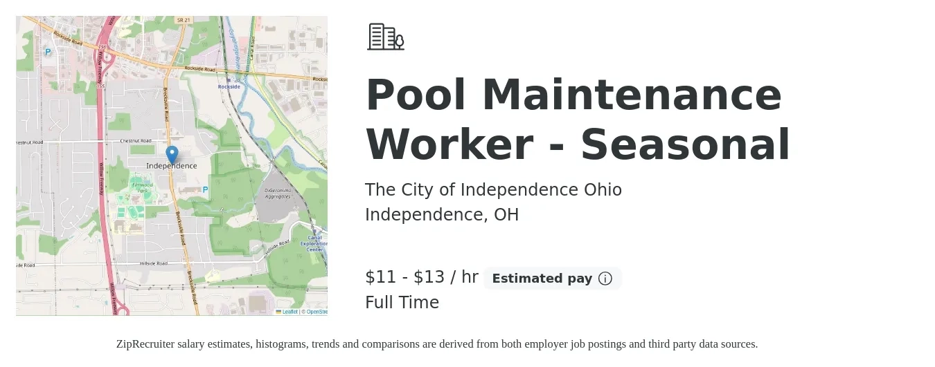 The City of Independence Ohio job posting for a Pool Maintenance Worker - Seasonal in Independence, OH with a salary of $12 to $14 Hourly with a map of Independence location.